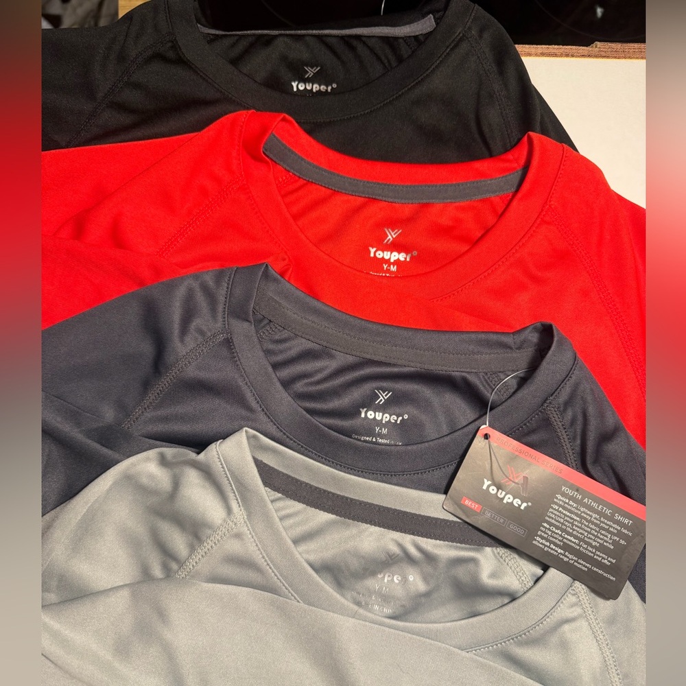 4 Youth Long Sleeve Athletic Tee Shirts- Red, Black, Gray - Great for sports
